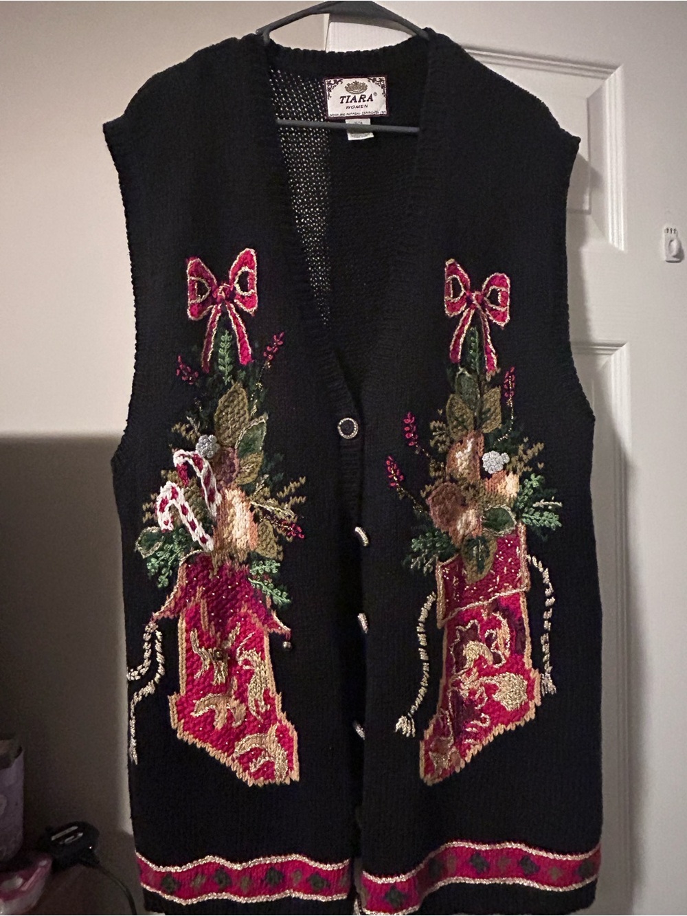 Tiara Black Holiday Embroidered Vest with Red and Green Accents and real bells